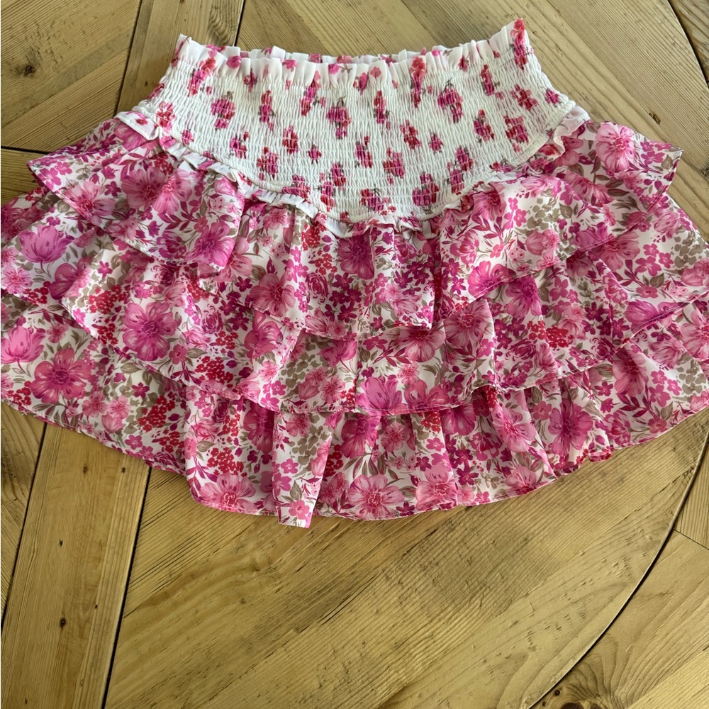 Altar'd State Pink Floral Ruffle Mini Skirt